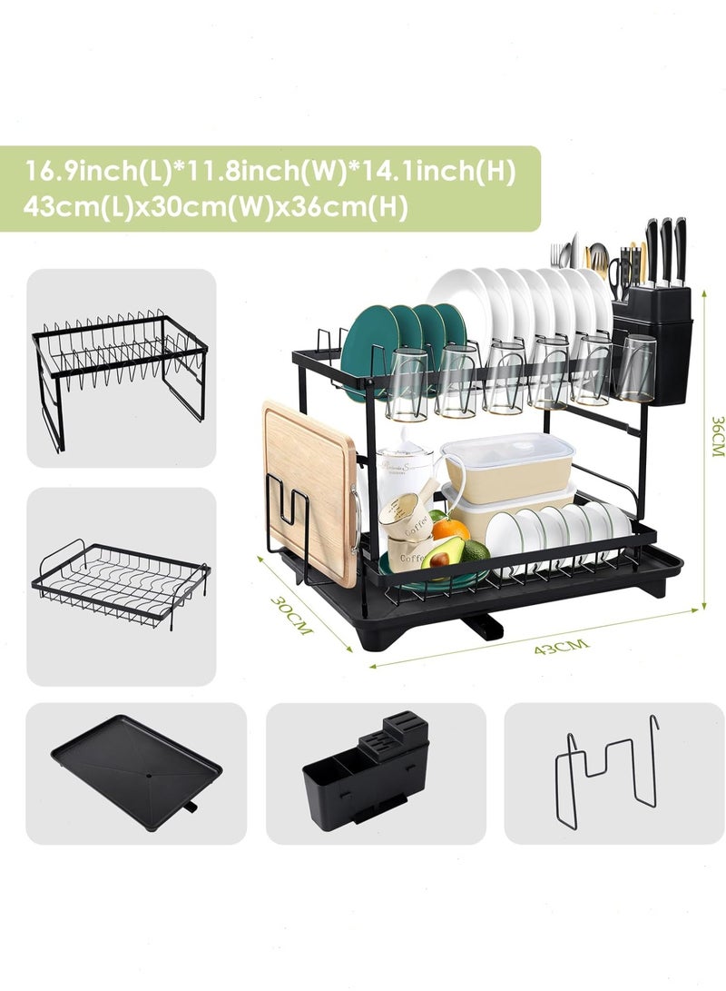Double Tier Dish Drying Rack, Dish Drainer with Drip Tray & Swivel Drainage Spout, Utensil Holder, Cup Holder, Cutting-Board Holder and Plate Holder Stand for Kitchen Counter - Quick Install - Image 5